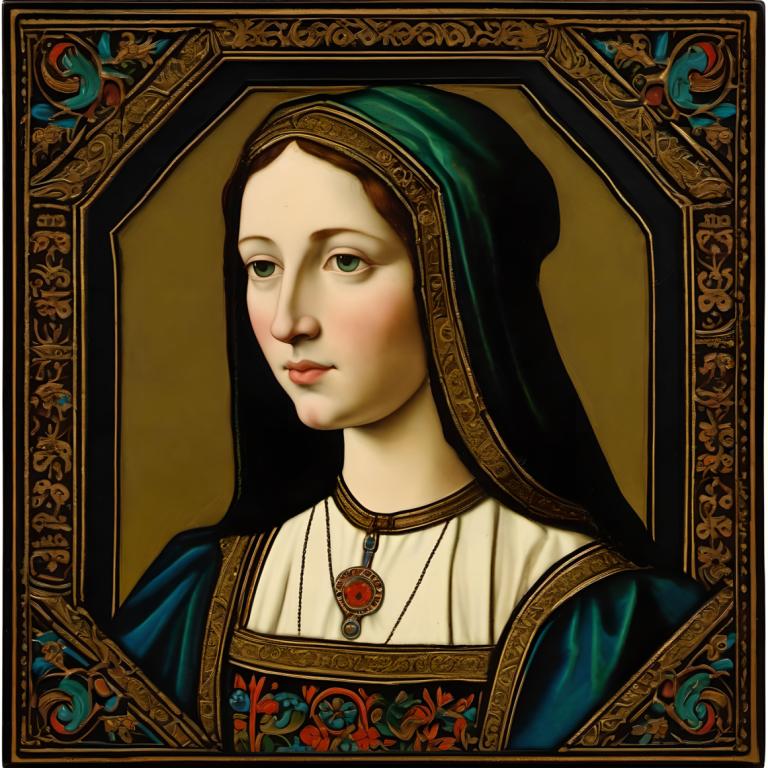 Enamel Art,Enamel Art, People, medieval european woman, portrait, 1girl, solo, fine art parody, jewelry