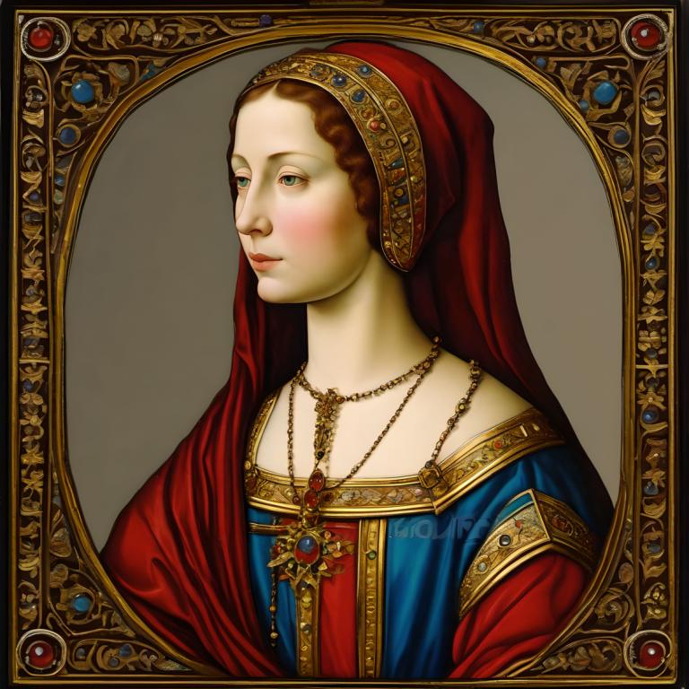 Art de l'émail,Art de l'émail, Personnes, femme européenne médiévale, portrait, solo, bijoux, 1fille, collier