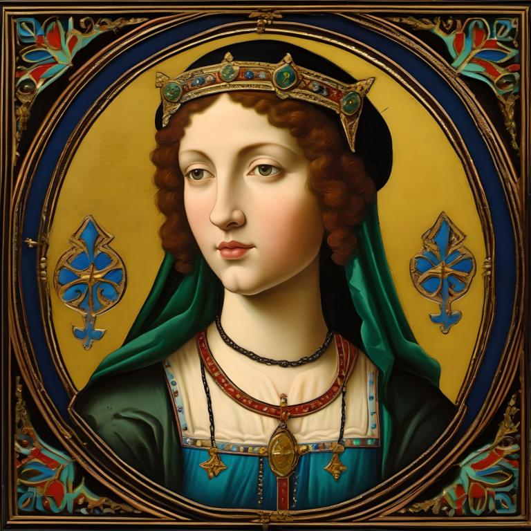 Enamel Art,Enamel Art, People, medieval european woman, portrait, 1girl, solo, jewelry, necklace, brown hair