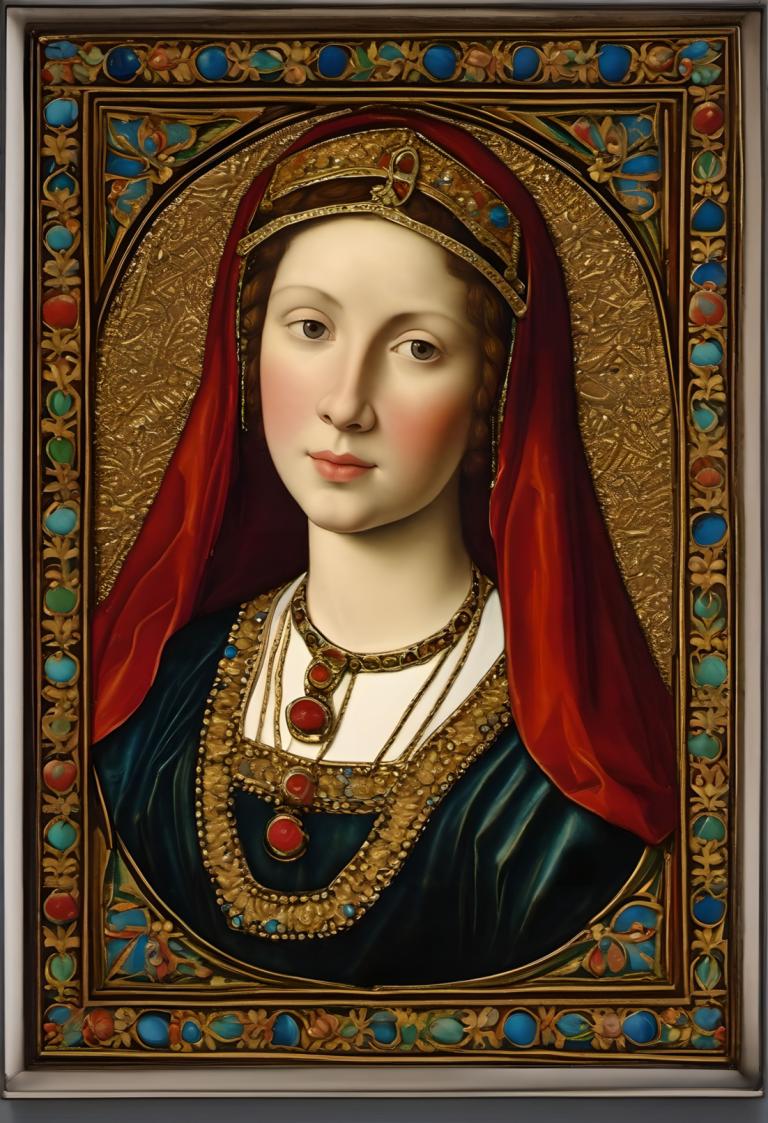 Enamel Art,Enamel Art, People, medieval european woman, portrait, 1girl, solo, fine art parody, jewelry