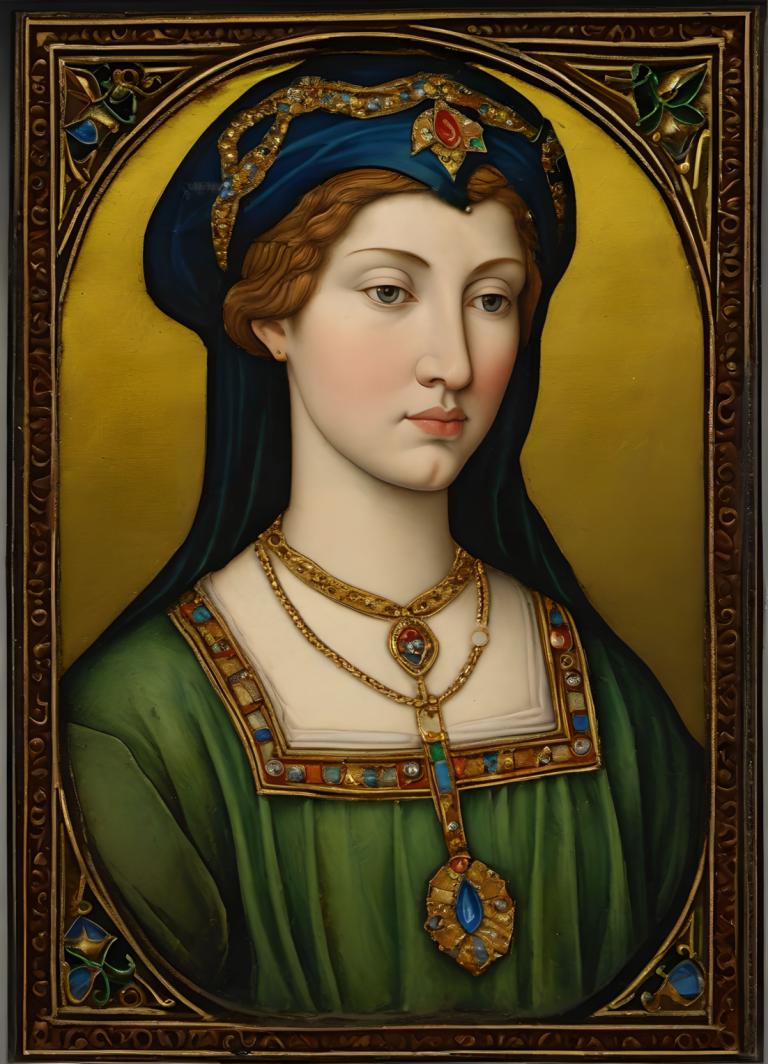 Face Swap, Classical Portrait, Enamel Art, People, medieval european woman, portrait, 1girl, solo, jewelry, realistic, necklace, brown hair, fine art parody, blue eyes, earrings, upper body, green dress, dress, lips, framed