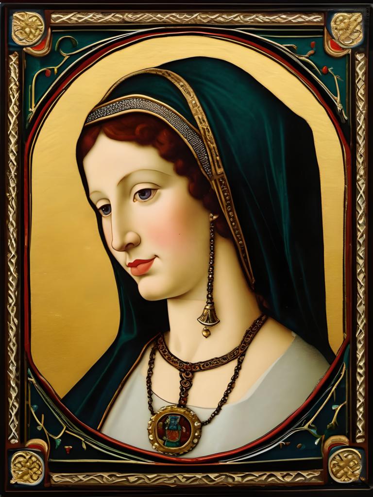 Enamel Art,Enamel Art, People, medieval european woman, portrait, 1girl, solo, jewelry, fine art parody