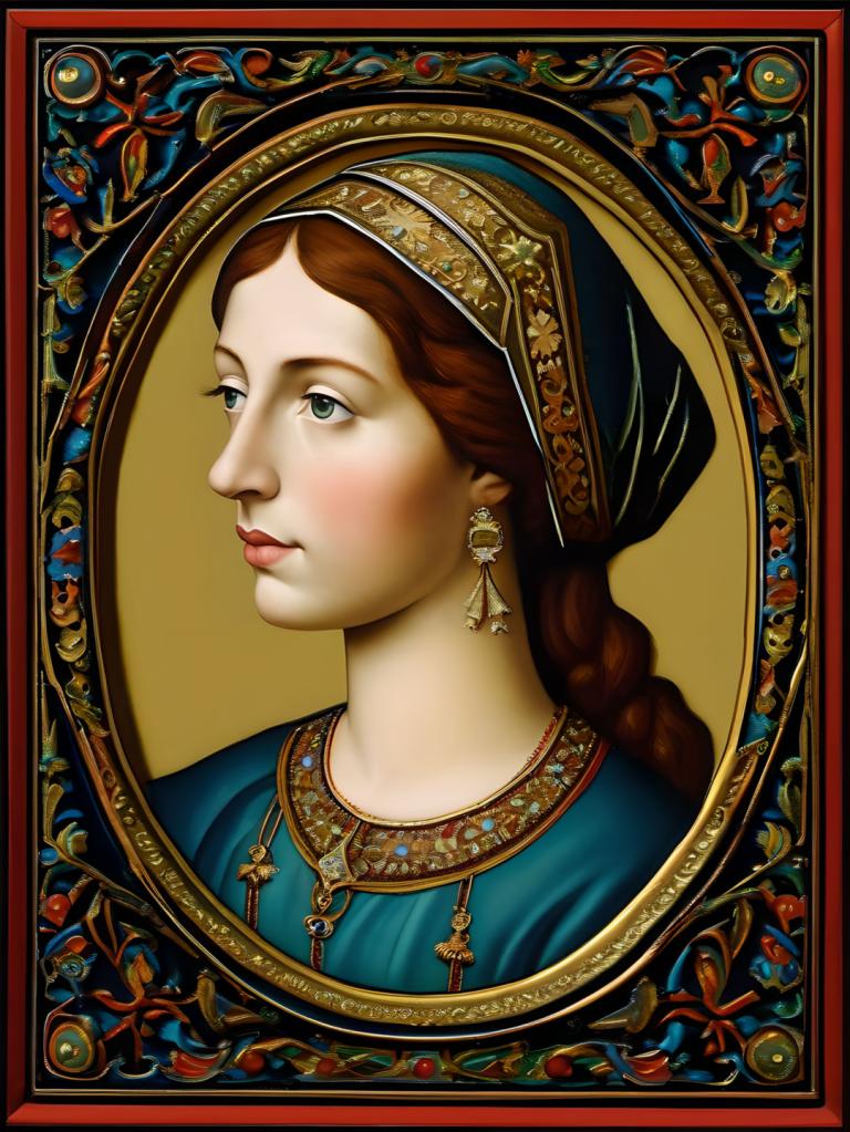 Enamel Art,Enamel Art, People, medieval european woman, portrait, 1girl, solo, jewelry, earrings, brown hair