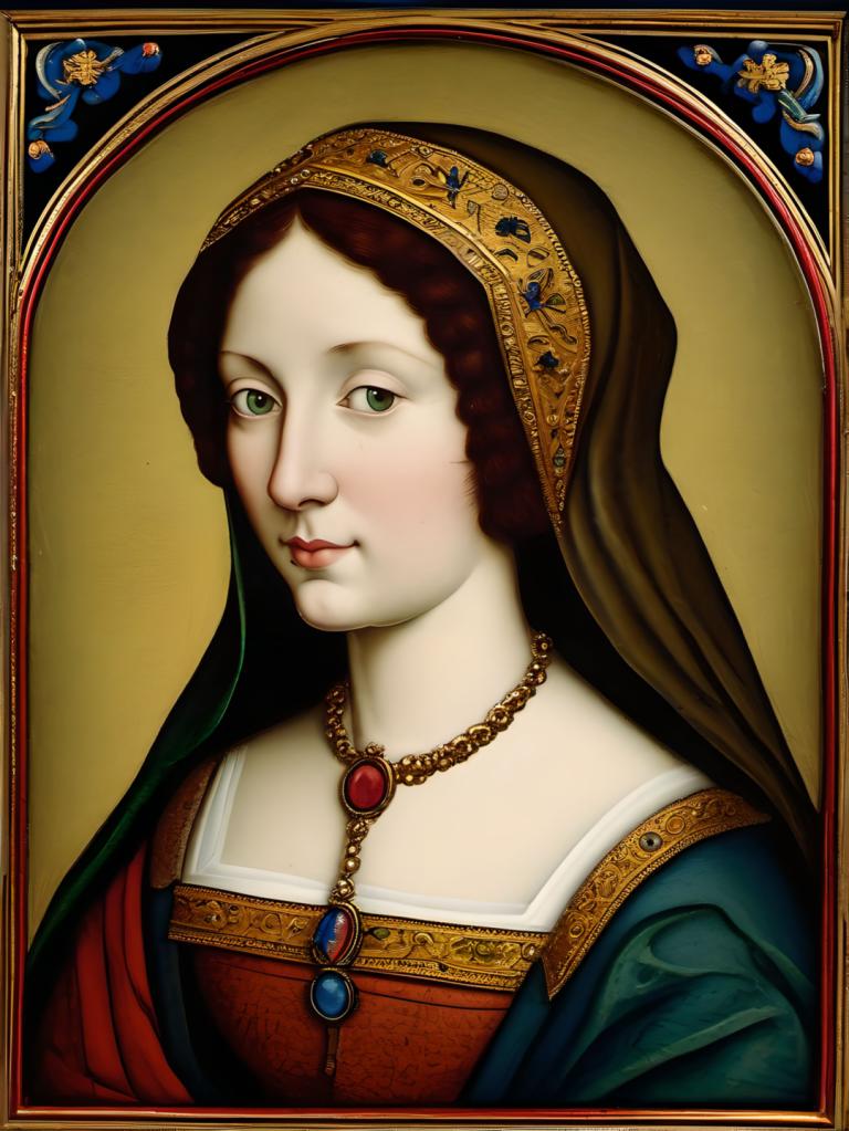 Arc Csere, Classical Portrait, Enamel Art, People, medieval european woman, portrait, 1girl, solo, jewelry, green eyes, necklace, realistic, fine art parody, looking at viewer, brown hair, headdress, lips, long hair, veil, upper body