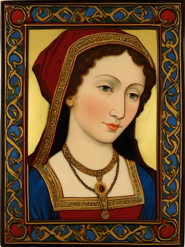 Enamel Art,Enamel Art, People, medieval european woman, portrait, 1girl, solo, jewelry, fine art parody