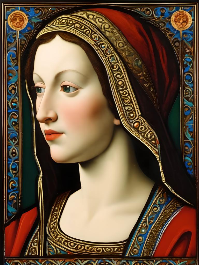 Enamel Art,Enamel Art, People, medieval european woman, portrait, 1girl, solo, fine art parody, green eyes