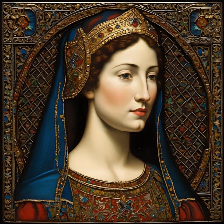 Enamel Art,Enamel Art, People, medieval european woman, portrait, 1girl, solo, brown hair, braid, veil