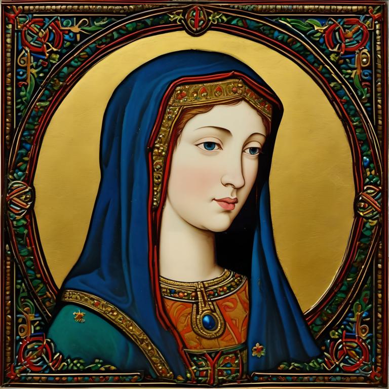 Enamel Art,Enamel Art, People, medieval european woman, portrait, 1girl, solo, blue eyes, jewelry