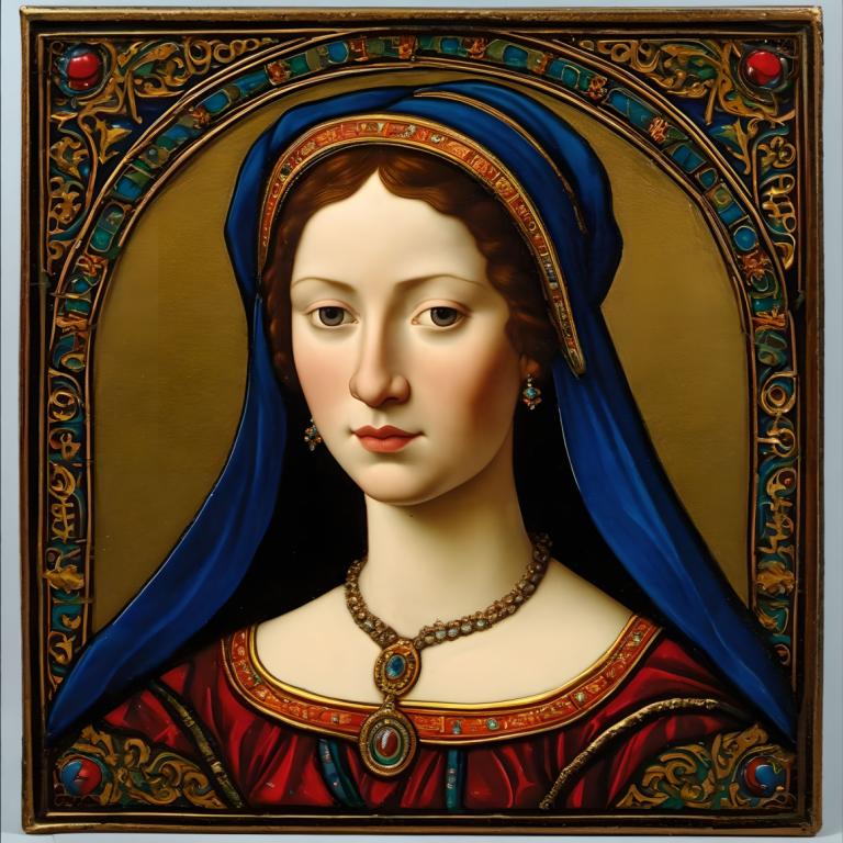 Enamel Art,Enamel Art, People, medieval european woman, portrait, 1girl, jewelry, solo, brown hair, necklace