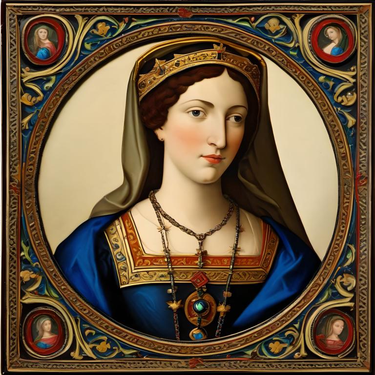 Enamel Art,Enamel Art, People, medieval european woman, portrait, 1girl, jewelry, solo, necklace, brown hair