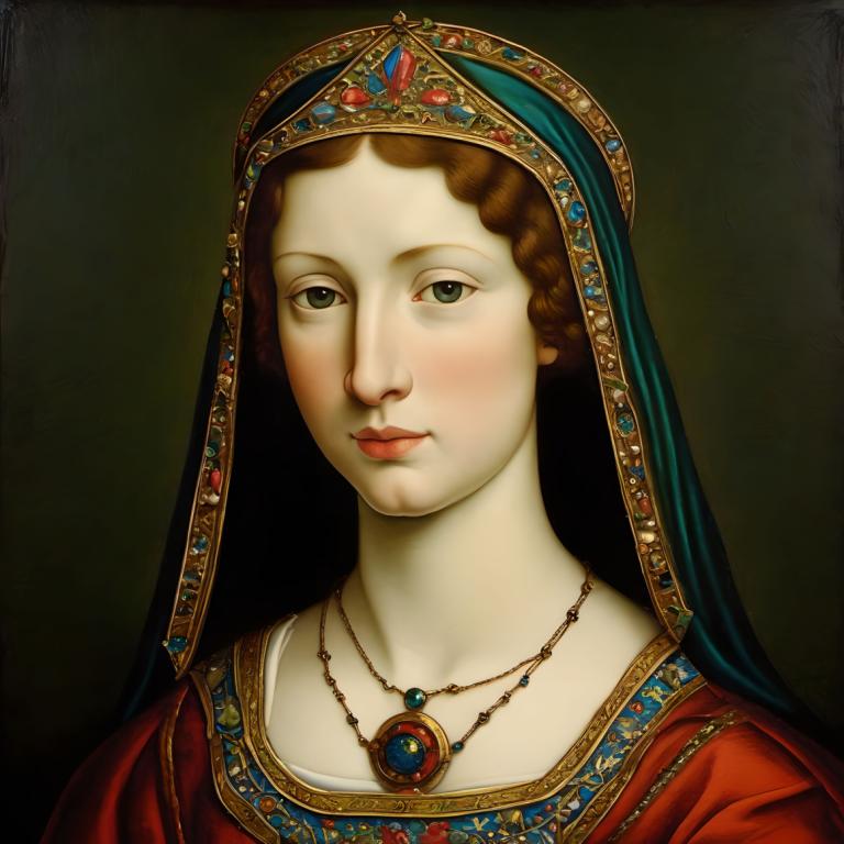 Arc Csere, Classical Portrait, Enamel Art, People, medieval european woman, portrait, 1girl, solo, jewelry, brown hair, fine art parody, necklace, realistic, green eyes, veil, looking at viewer, parody