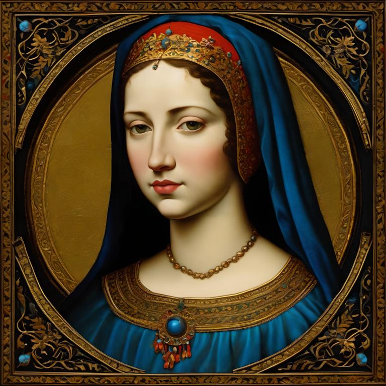 Arc Csere, Classical Portrait, Enamel Art, People, medieval european woman, portrait, 1girl, solo, jewelry, necklace, fine art parody, looking at viewer, portrait, veil, green eyes, brown hair, makeup, realistic, lips, red lips, framed, lipstick, headdress, closed mouth