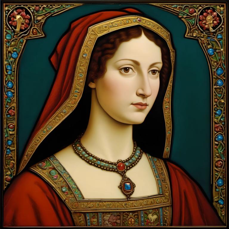 Enamel Art,Enamel Art, People, medieval european woman, portrait, 1girl, solo, jewelry, brown eyes