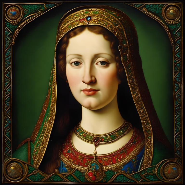 Enamel Art,Enamel Art, People, medieval european woman, portrait, 1girl, solo, brown hair, jewelry, portrait