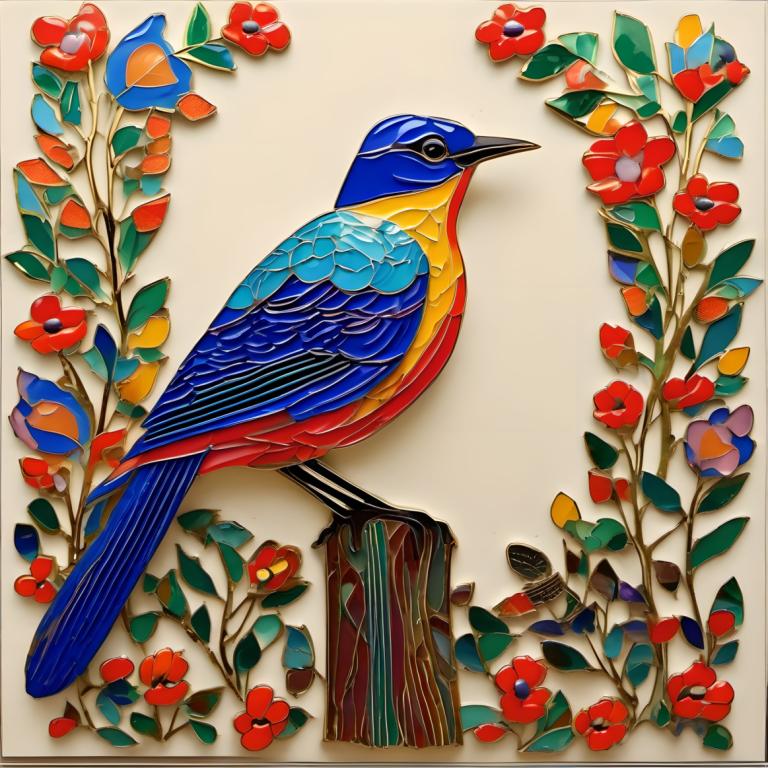 Enamel Art,Enamel Art, Animal, bird, no humans, bird, flower, red flower, animal focus, traditional media