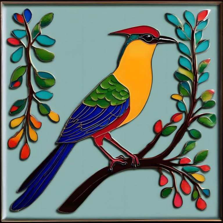 Enamel Art,Enamel Art, Animal, bird, no humans, bird, animal focus, border, branch, traditional media, leaf