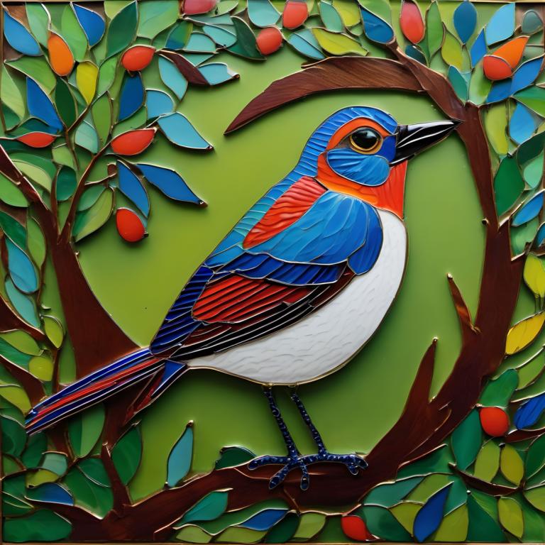 Enamel Art,Enamel Art, Animal, bird, no humans, bird, animal focus, leaf, traditional media, animal, branch