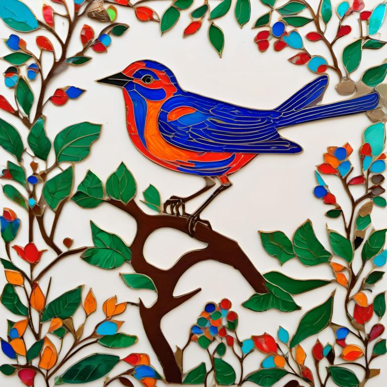 Enamel Art,Enamel Art, Animal, bird, no humans, bird, animal focus, flower, leaf, white background