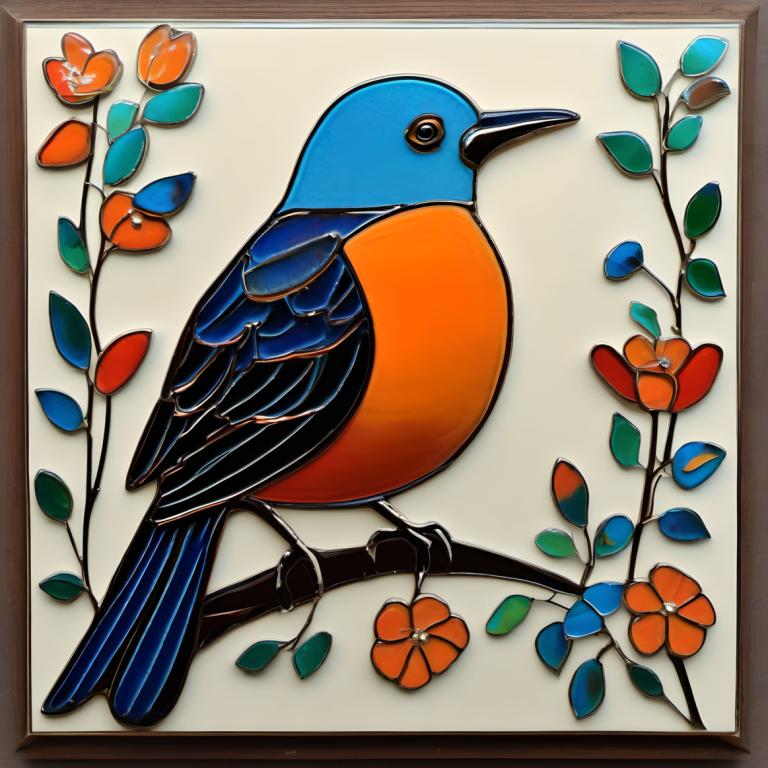 Enamel Art,Enamel Art, Animal, bird, no humans, bird, animal focus, traditional media, flower, orange flower