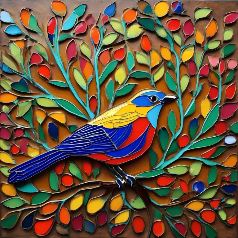 Enamel Art,Enamel Art, Animal, bird, no humans, bird, traditional media, leaf, animal focus, flower