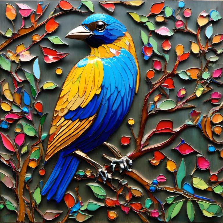 Enamel Art,Enamel Art, Animal, bird, no humans, bird, animal focus, branch, leaf, traditional media