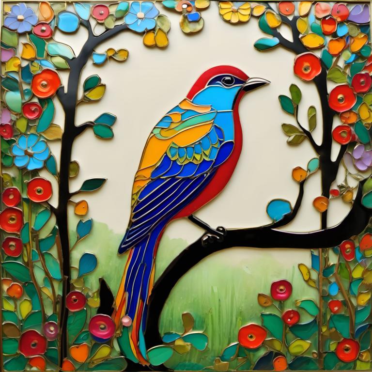 Enamel Art,Enamel Art, Animal, bird, no humans, flower, bird, animal focus, red flower, plant, leaf, tree