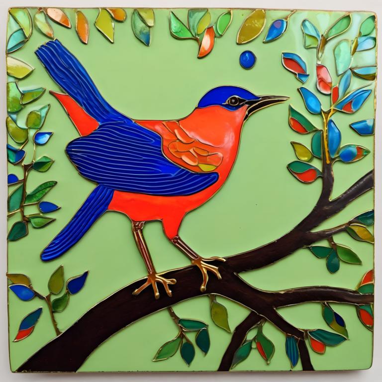 Enamel Art,Enamel Art, Animal, bird, no humans, bird, animal focus, branch, traditional media, leaf