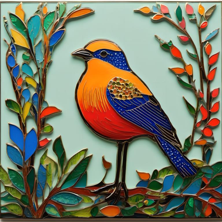 Enamel Art,Enamel Art, Animal, bird, no humans, bird, animal focus, leaf, traditional media, animal