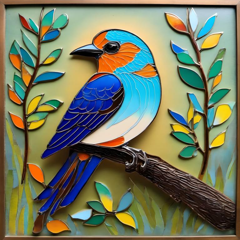 Enamel Art,Enamel Art, Animal, bird, no humans, animal focus, bird, traditional media, branch, leaf, animal