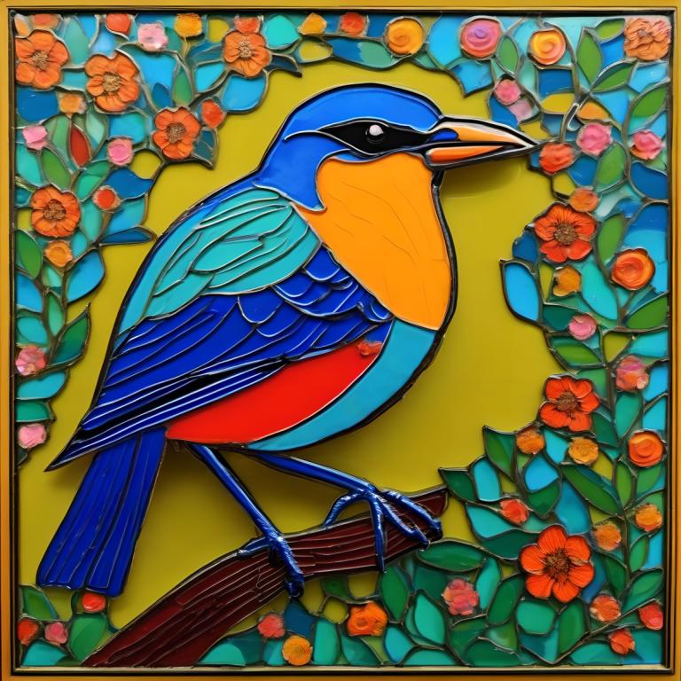 Enamel Art,Enamel Art, Animal, bird, no humans, bird, animal focus, flower, orange flower, border