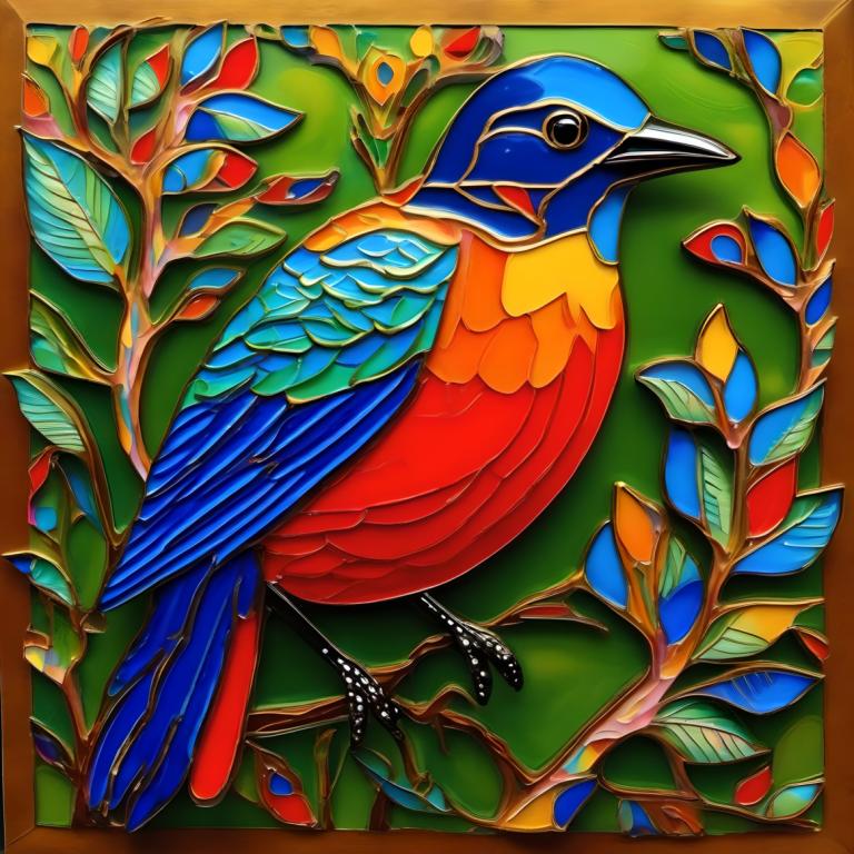 Enamel Art,Enamel Art, Animal, bird, no humans, animal focus, bird, traditional media, leaf, border, animal