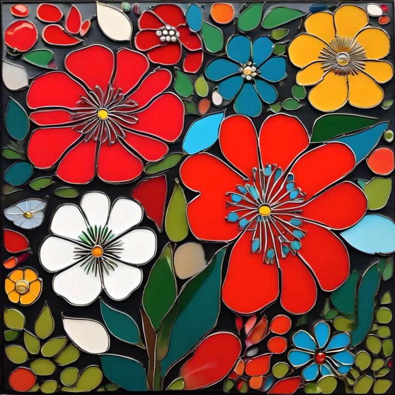 Enamel Art,Enamel Art, Nature, flowers, flower, no humans, blue flower, red flower, still life, white flower