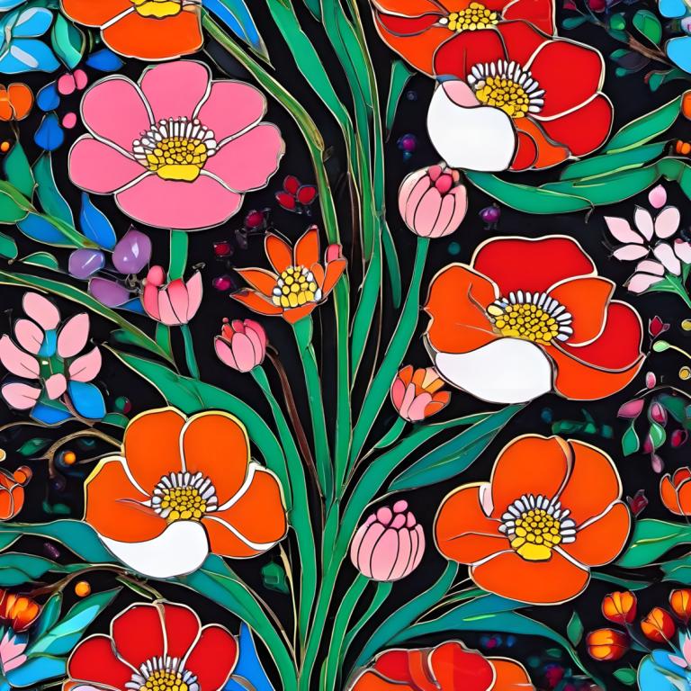 Enamel Art,Enamel Art, Nature, flowers, flower, no humans, pink flower, orange flower, leaf, red flower