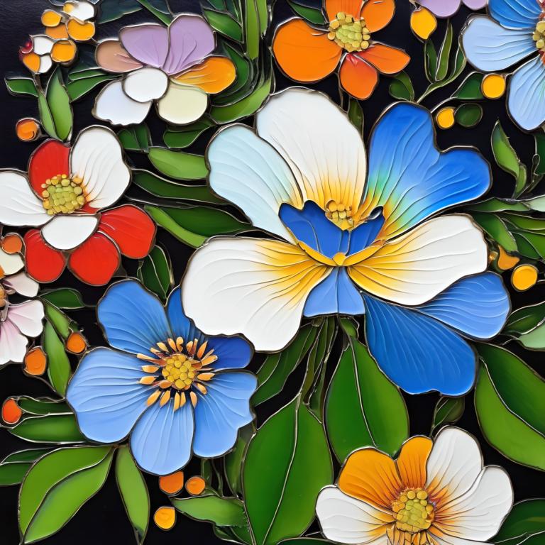 Enamel Art,Enamel Art, Nature, flowers, no humans, flower, still life, leaf, blue flower, orange flower