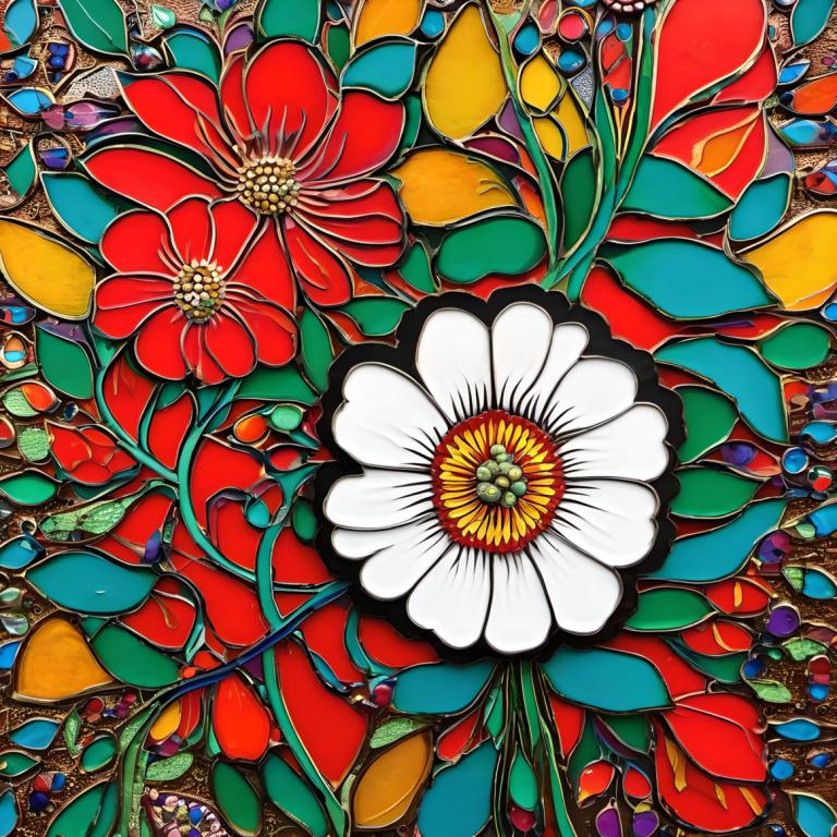 Enamel Art,Enamel Art, Nature, flowers, flower, no humans, red flower, still life, colorful, leaf