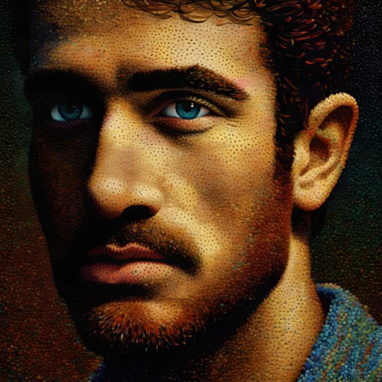 Pointillism,Pointillism, People, man, 1boy, solo, male focus, facial hair, blue eyes, realistic, portrait