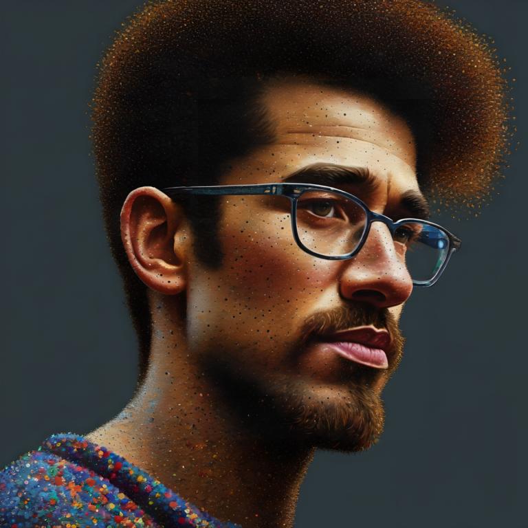 Pointillism,Pointillism, People, man, 1boy, solo, male focus, glasses, facial hair, realistic