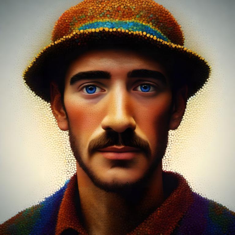 Pointillism,Pointillism, People, man, 1boy, male focus, solo, facial hair, blue eyes, hat, mustache