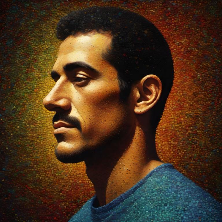 Pointillism,Pointillism, People, man, 1boy, solo, male focus, facial hair, black hair, realistic, blue shirt