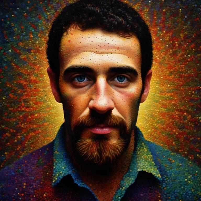 Pointillism,Pointillism, People, man, 1boy, facial hair, male focus, solo, realistic, blue eyes