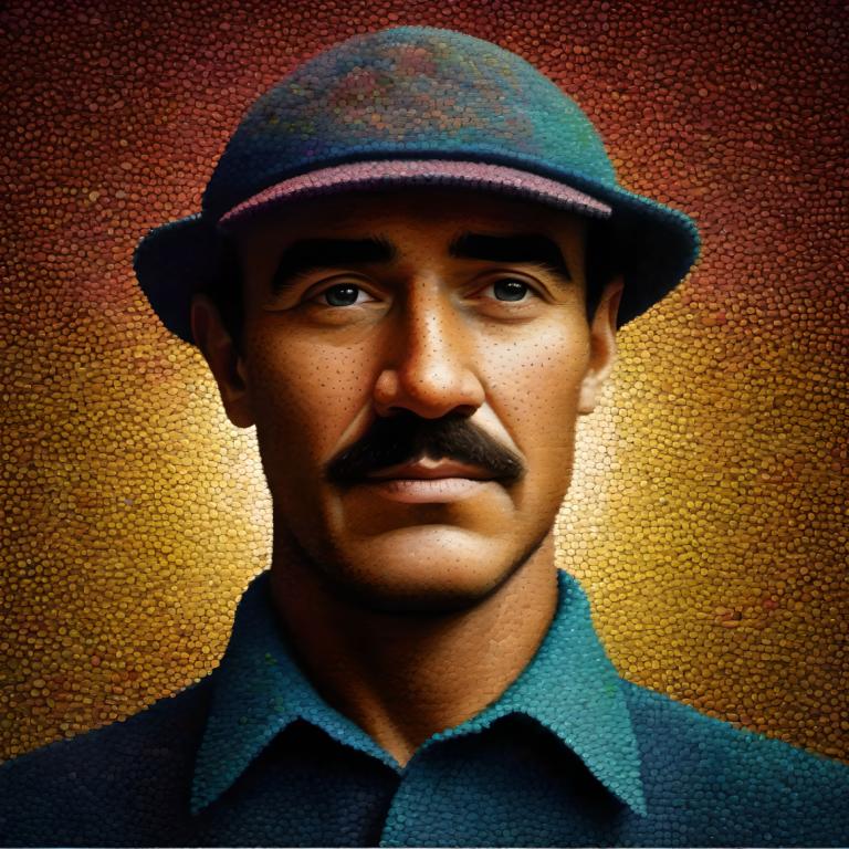 Pointillism,Pointillism, People, man, 1boy, solo, male focus, hat, mustache, facial hair, realistic, shirt