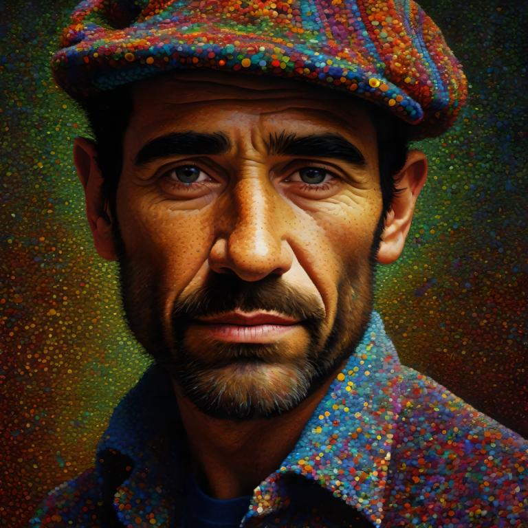 Pointillism,Pointillism, People, man, 1boy, facial hair, male focus, solo, hat, realistic, portrait, shirt