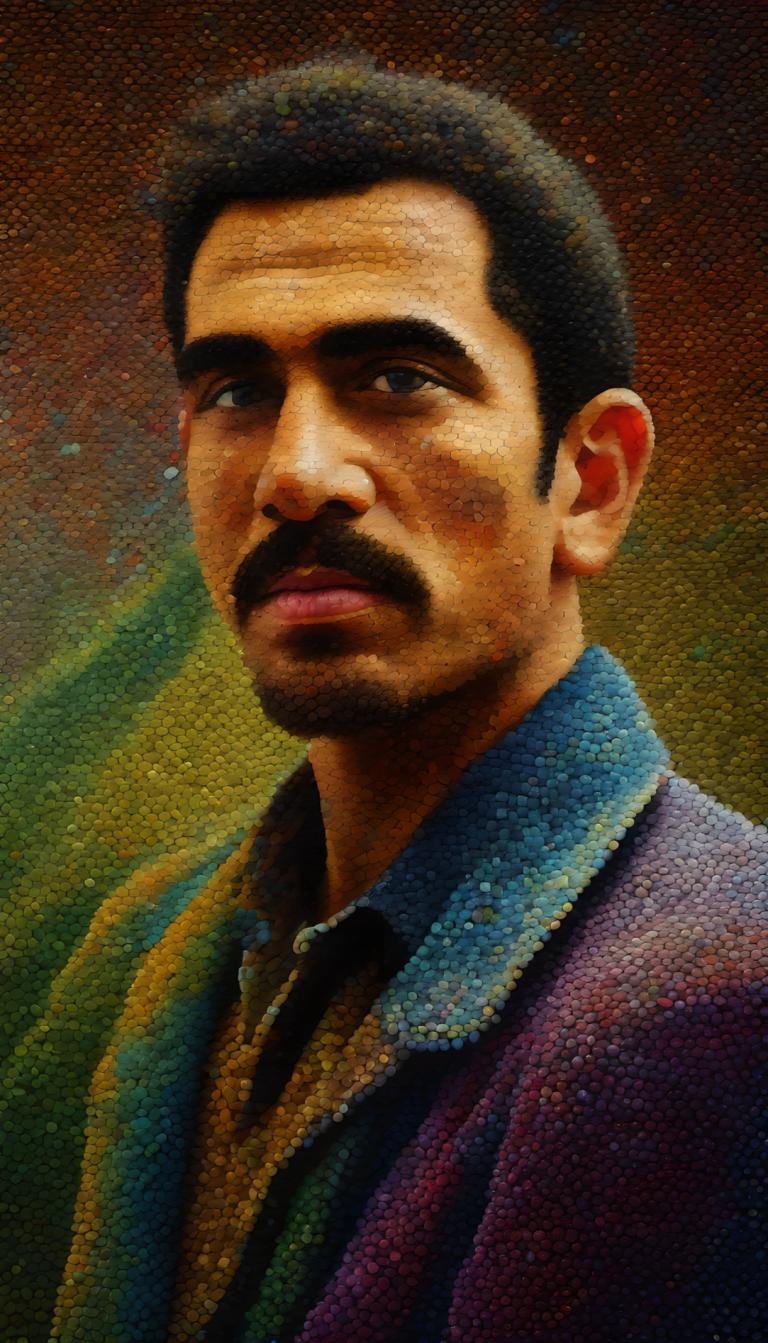 Pointillism,Pointillism, People, man, 1boy, male focus, solo, facial hair, realistic, black hair, shirt