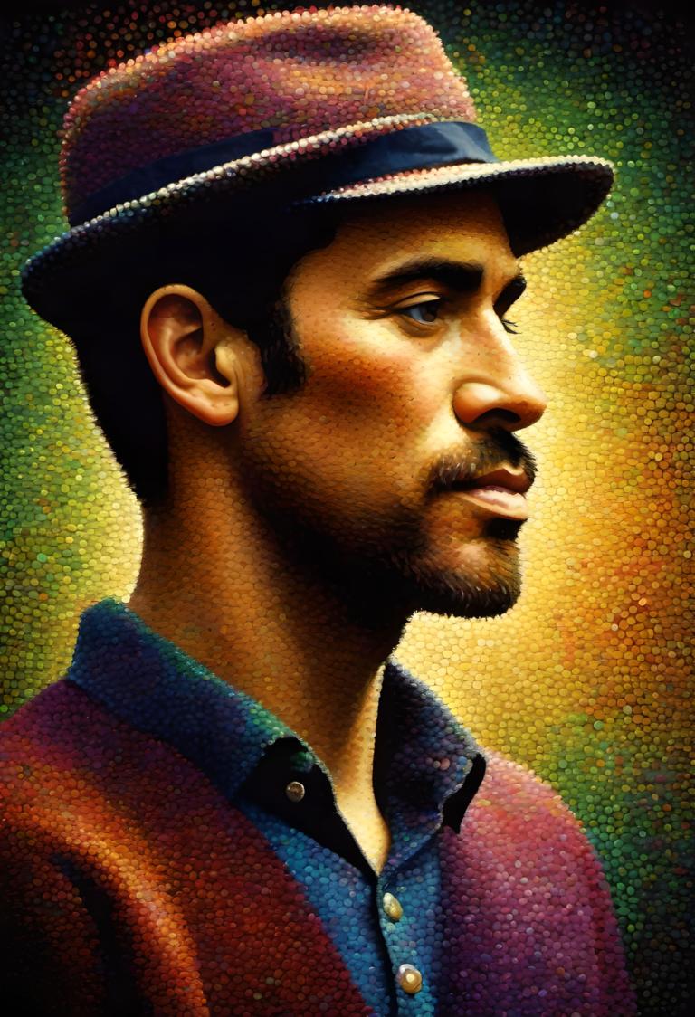 Pointillism,Pointillism, People, man, 1boy, male focus, solo, hat, facial hair, realistic, shirt, profile