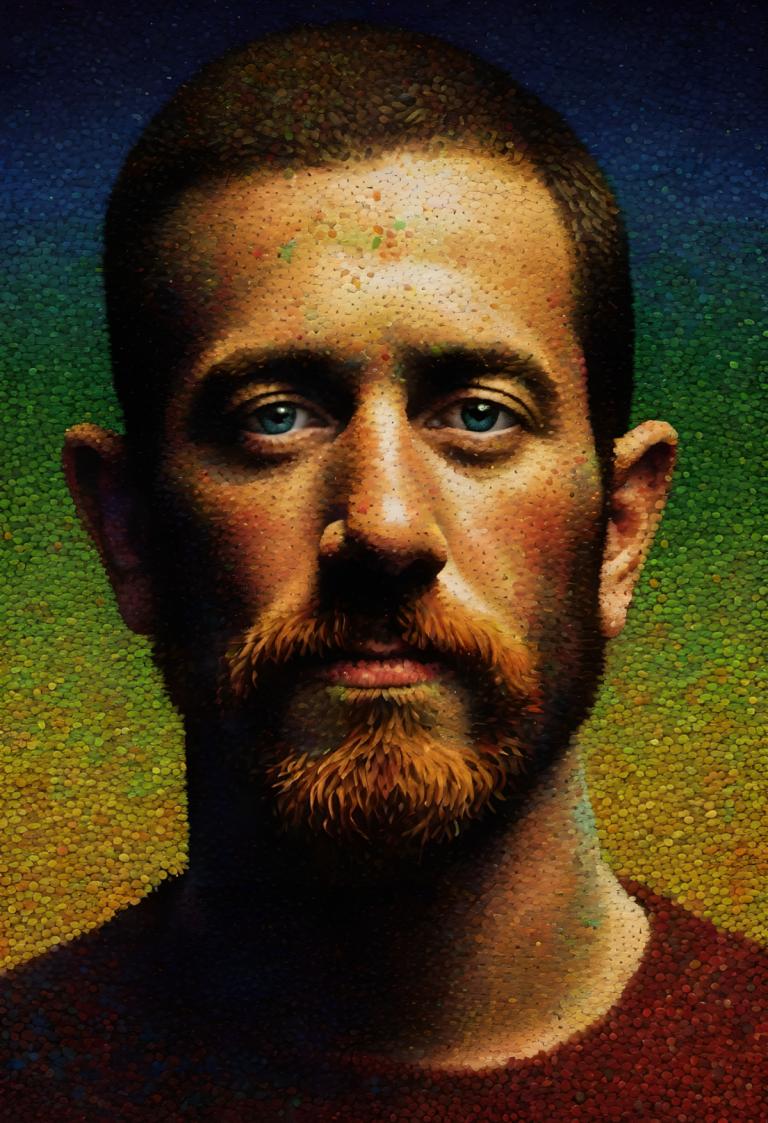 Pointillism,Pointillism, People, man, 1boy, male focus, solo, facial hair, realistic, beard, blue eyes