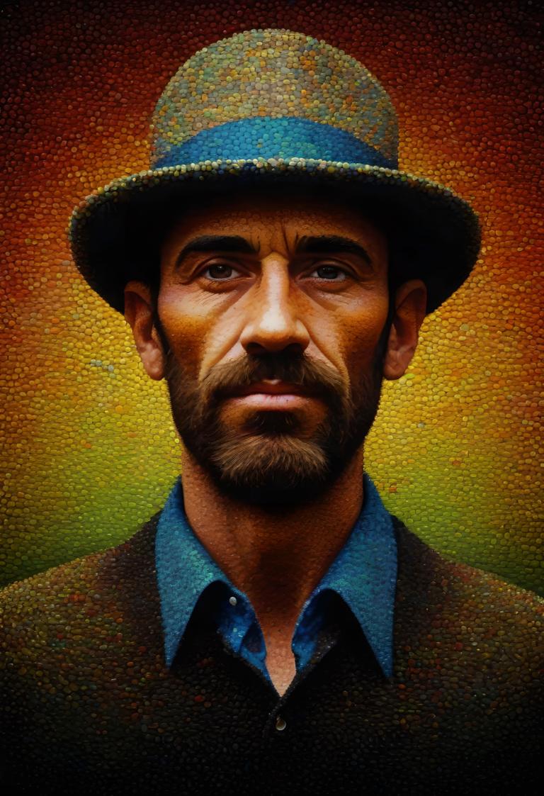 Pointillism,Pointillism, People, man, 1boy, male focus, hat, solo, facial hair, realistic, beard, shirt