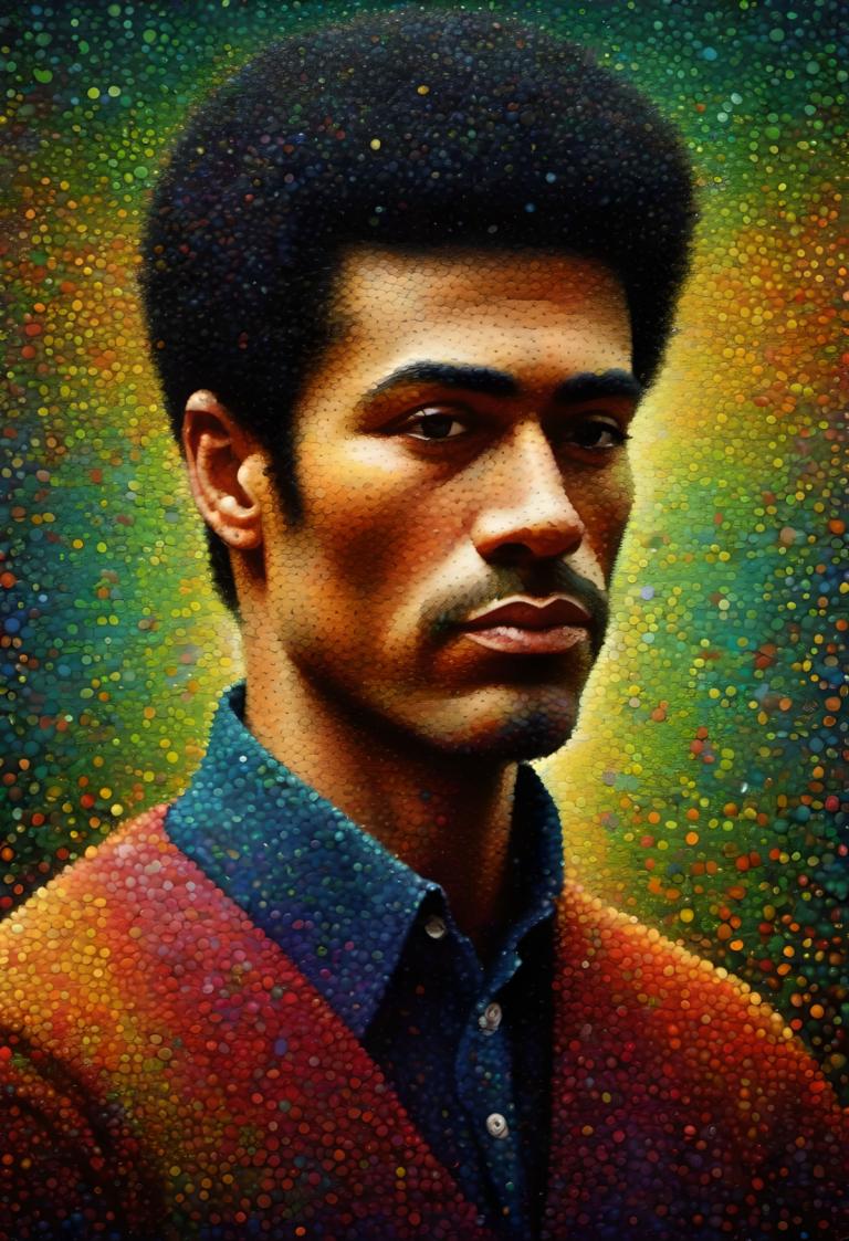 Pointillism,Pointillism, People, man, 1boy, male focus, solo, facial hair, realistic, black hair, shirt