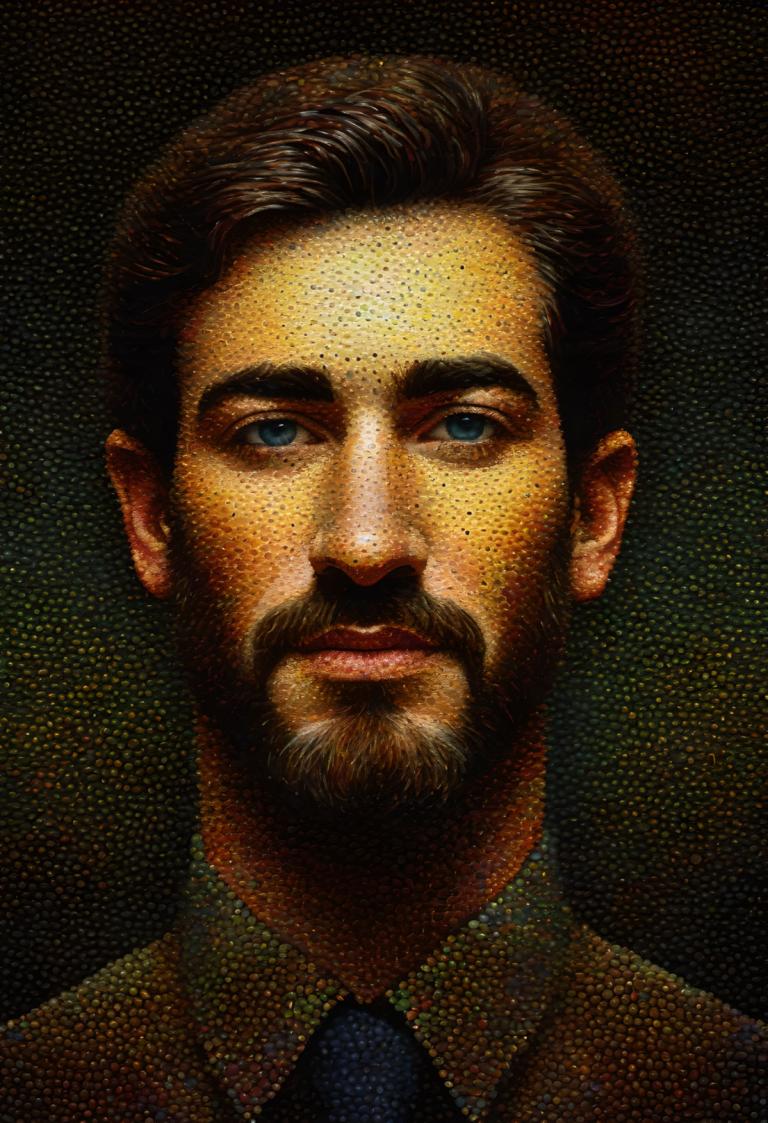 Pointillism,Pointillism, People, man, 1boy, male focus, solo, facial hair, necktie, realistic, blue eyes