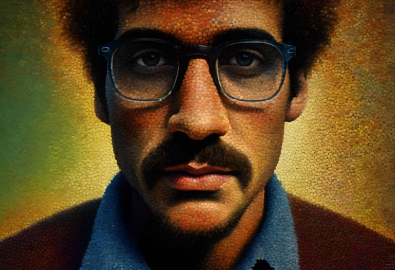 Pointillism,Pointillism, People, man, 1boy, male focus, solo, glasses, facial hair, realistic, portrait