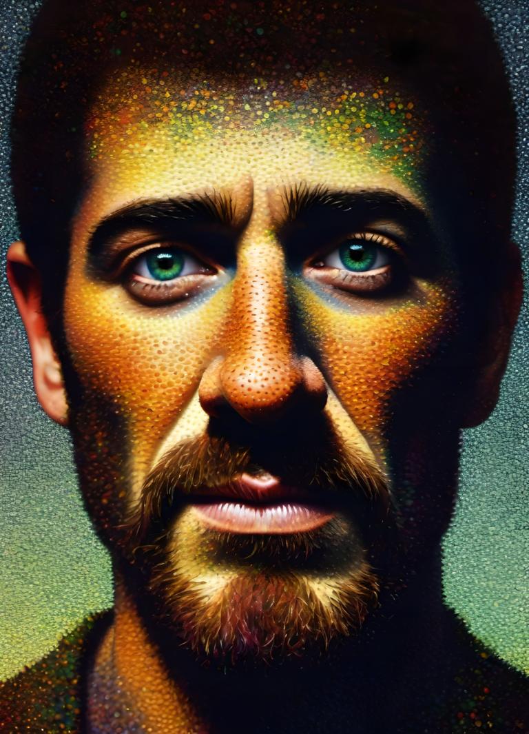 Pointillism,Pointillism, People, man, 1boy, solo, realistic, male focus, facial hair, green eyes, beard